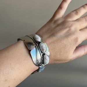 Cuff Bracelet silver tone and cream colored stones, fashion jewelry